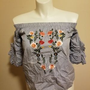 Blue Rain Embroidered Shoulder Top